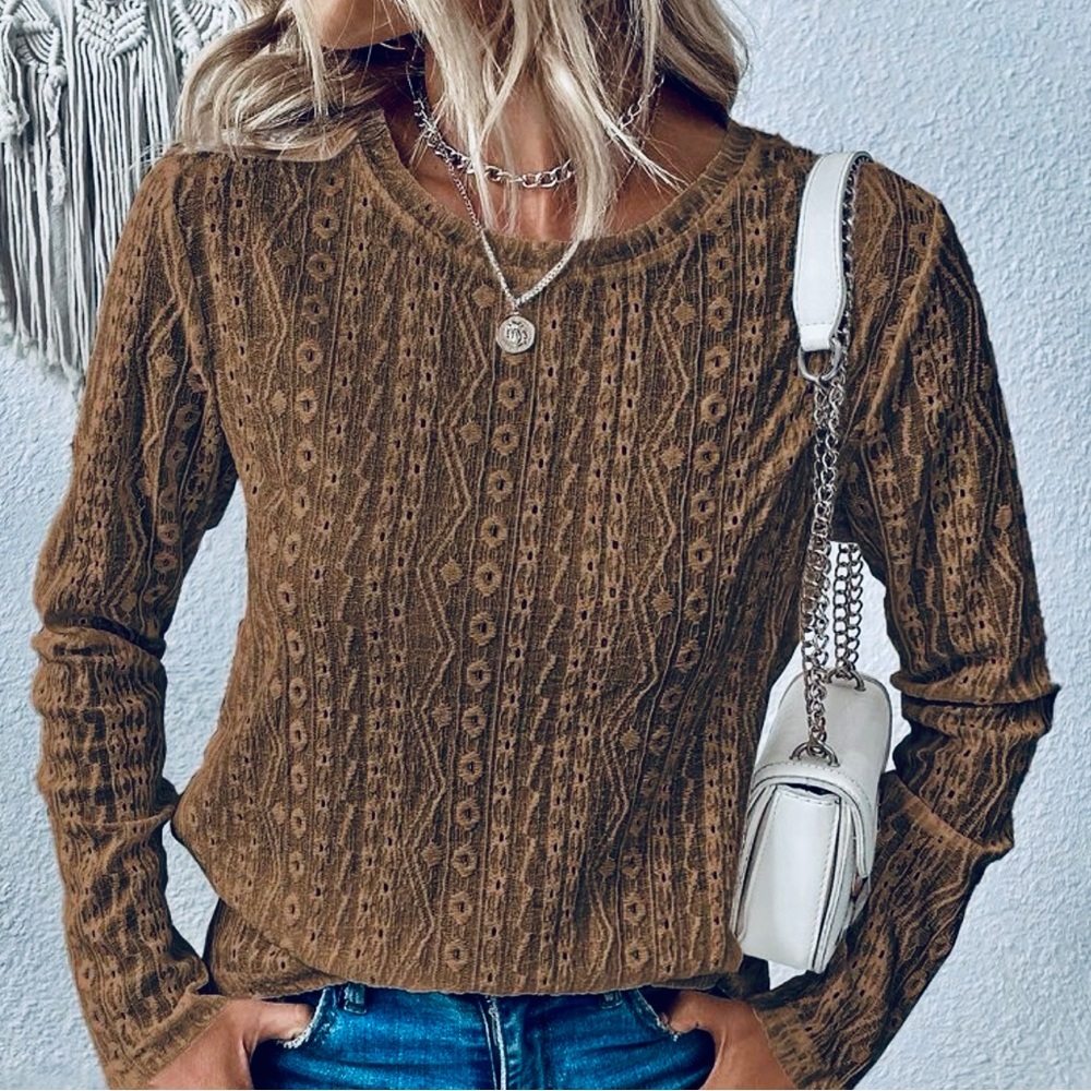 Edgy Kobicha Brown Semi-Sheer Eyelet Embroidery Tee Shirt 🍂